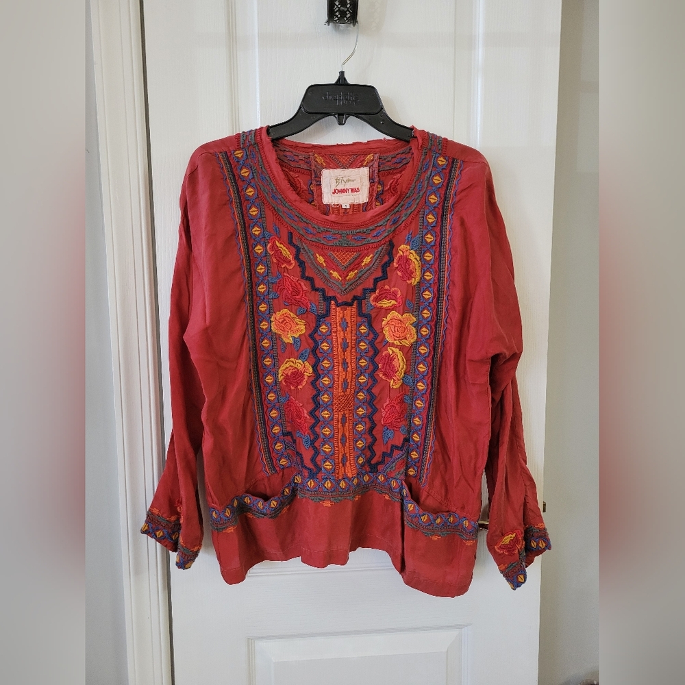 Johnny Was BIYA Abira Embroidered Cupra Blouse Top Rust Red Size Small